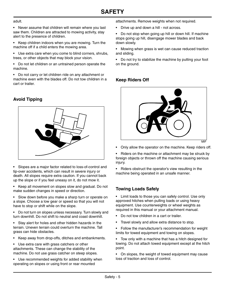 Avoid tipping, Keep riders off, Towing loads safely | Safety | John Deere L2048 User Manual | Page 9 / 76