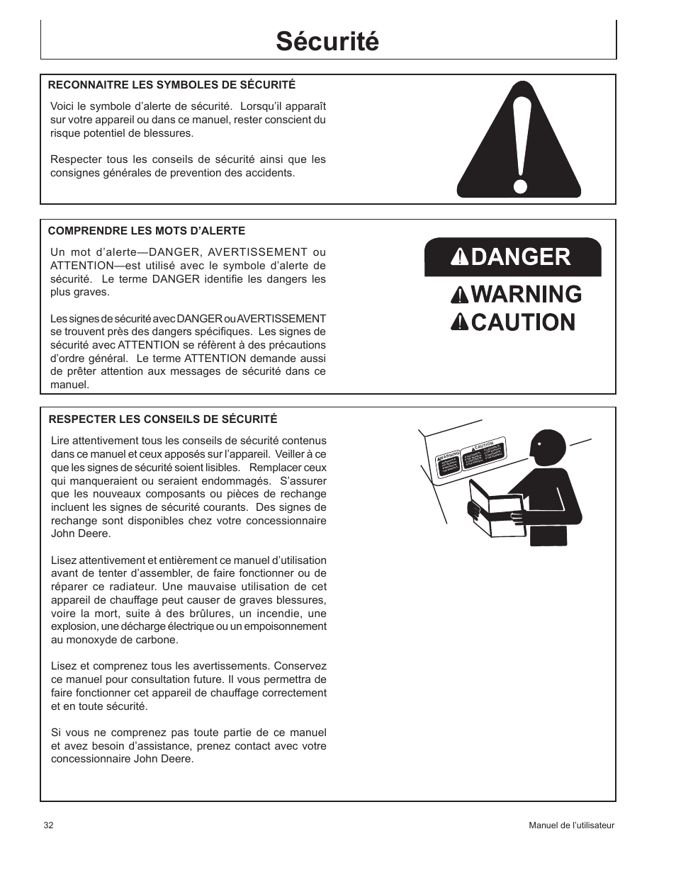 Sécurité, 32 manuel de l’utilisateur | John Deere AC-115 User Manual | Page 32 / 84