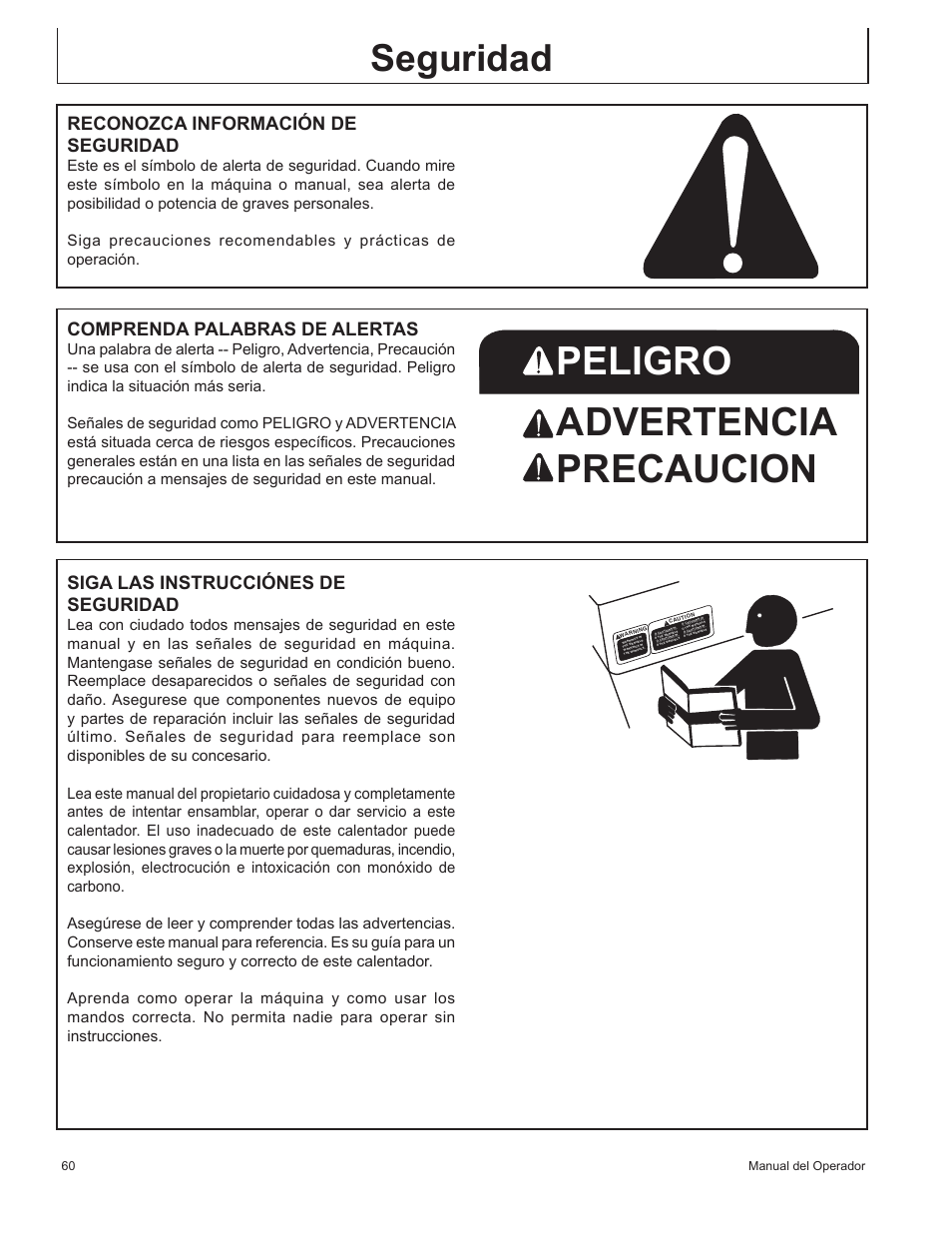 Peligro advertencia precaucion, Seguridad, Reconozca información de seguridad | Comprenda palabras de alertas, Siga las instrucciónes de seguridad | John Deere AC-115 User Manual | Page 60 / 84