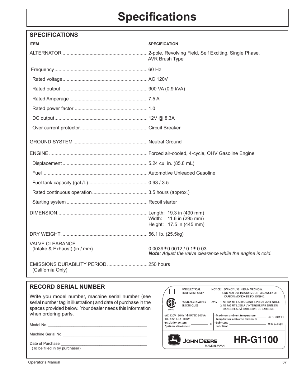 Speciﬁcations | John Deere HR-G1100 User Manual | Page 37 / 124