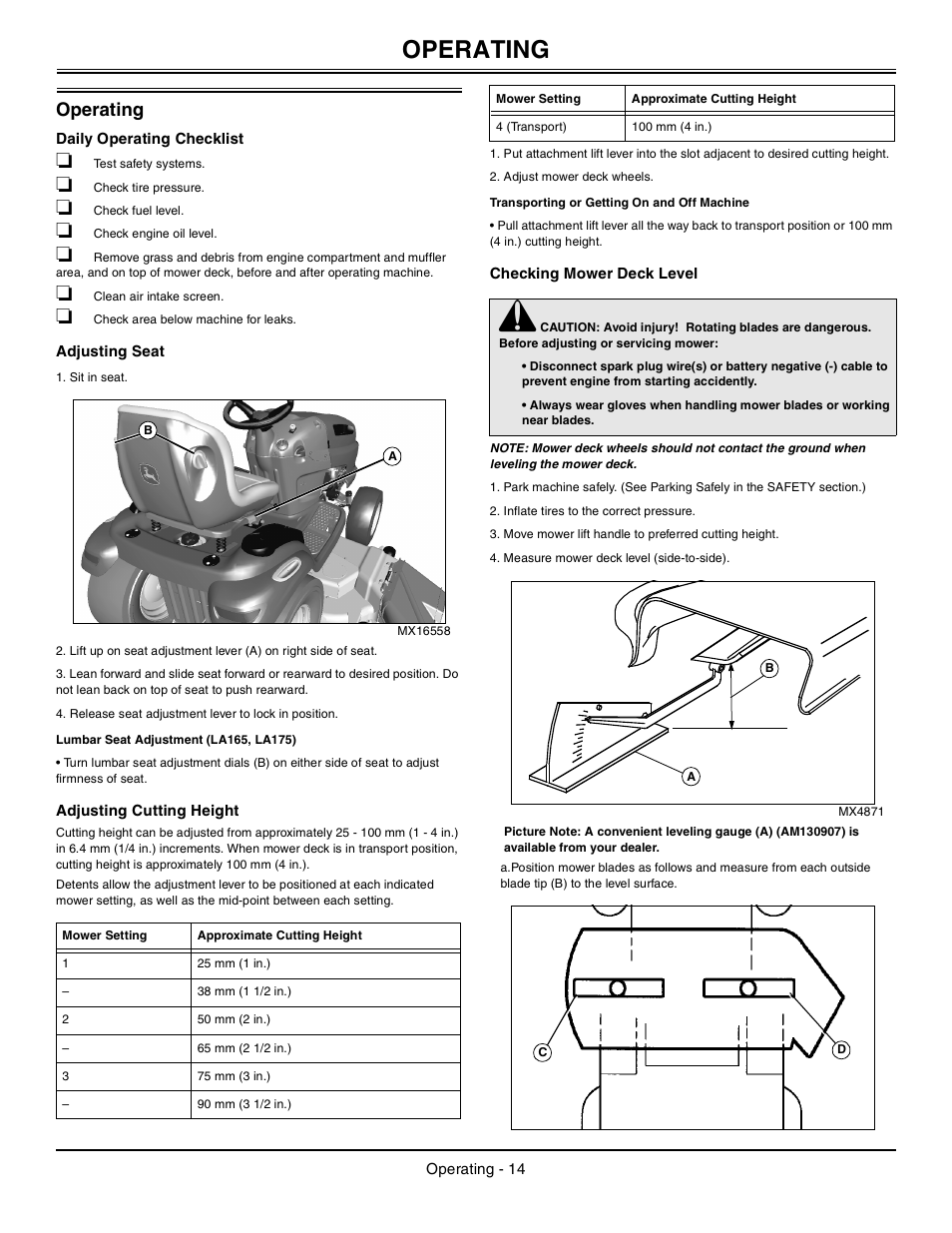 Operating, Daily operating checklist, Adjusting seat | Lumbar seat adjustment (la165, la175), Adjusting cutting height, Transporting or getting on and off machine, Checking mower deck level | John Deere la105 User Manual | Page 15 / 52