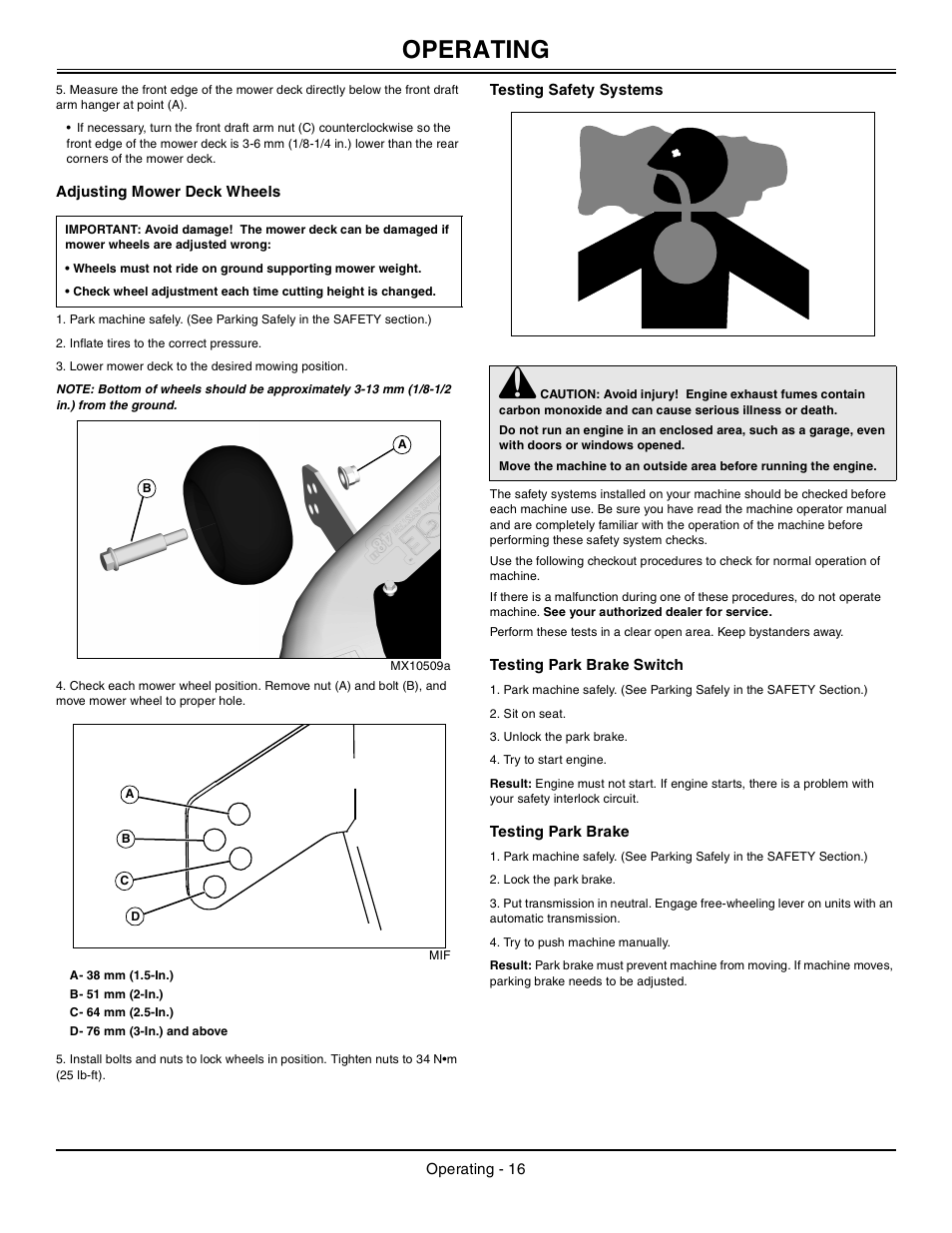 Adjusting mower deck wheels, Testing safety systems, Testing park brake switch | Testing park brake, Operating | John Deere la105 User Manual | Page 17 / 52