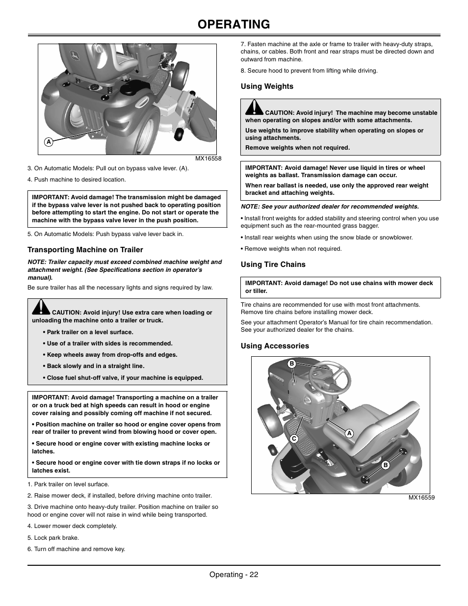 Transporting machine on trailer, Using weights, Using tire chains | Using accessories, Operating | John Deere la105 User Manual | Page 23 / 52