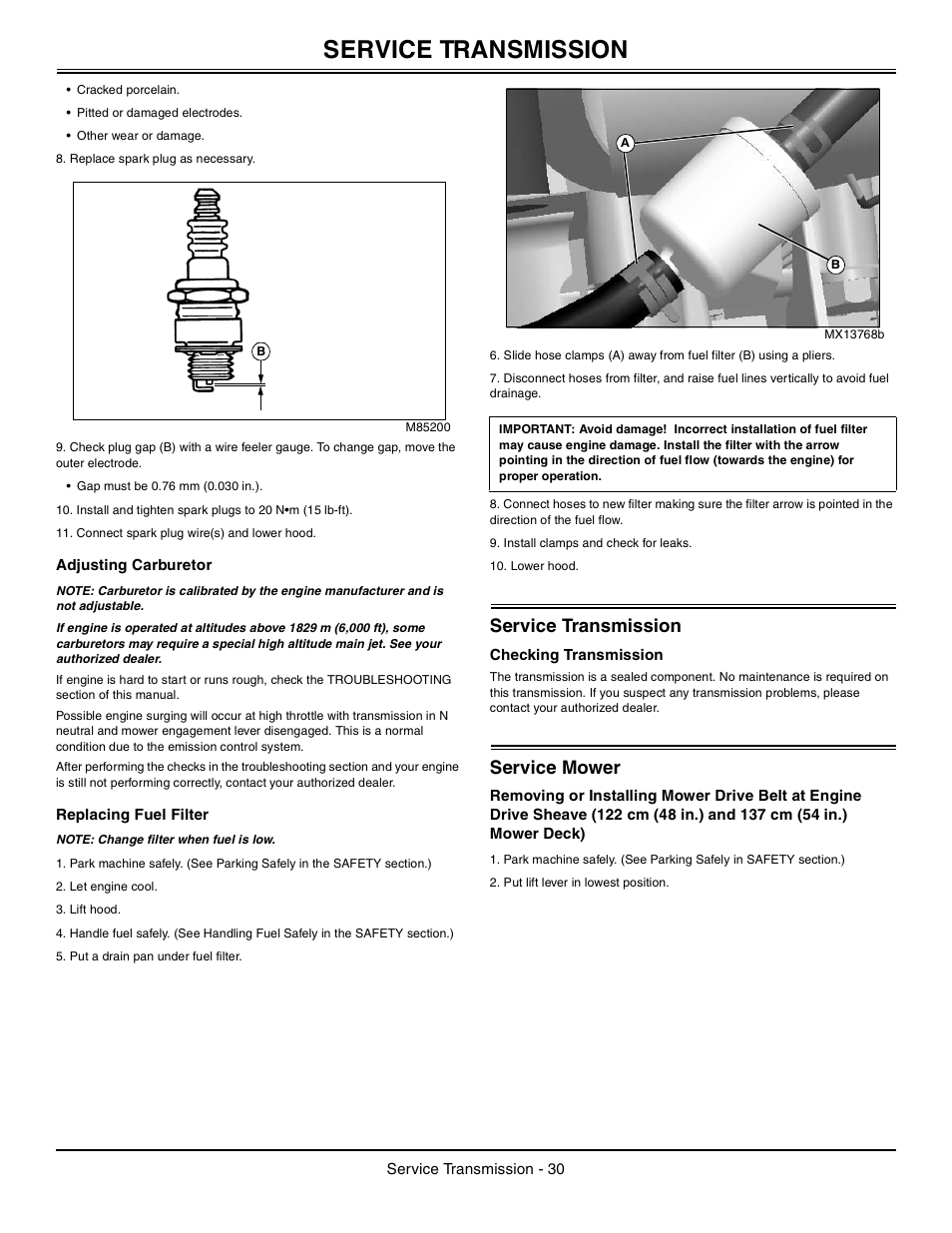 Adjusting carburetor, Replacing fuel filter, Service transmission | Checking transmission, Service mower | John Deere la105 User Manual | Page 31 / 52