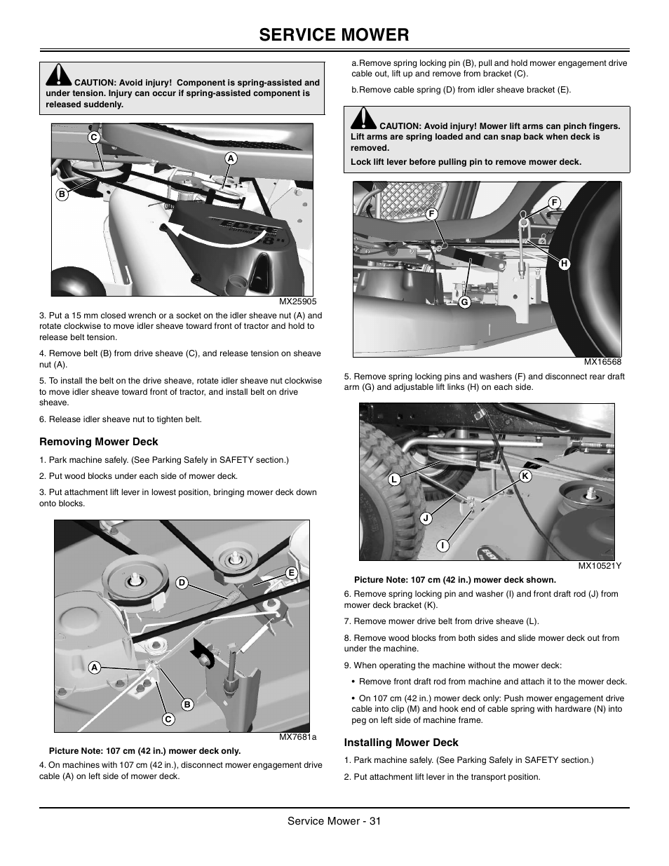 Removing mower deck, Installing mower deck, Service mower | John Deere la105 User Manual | Page 32 / 52