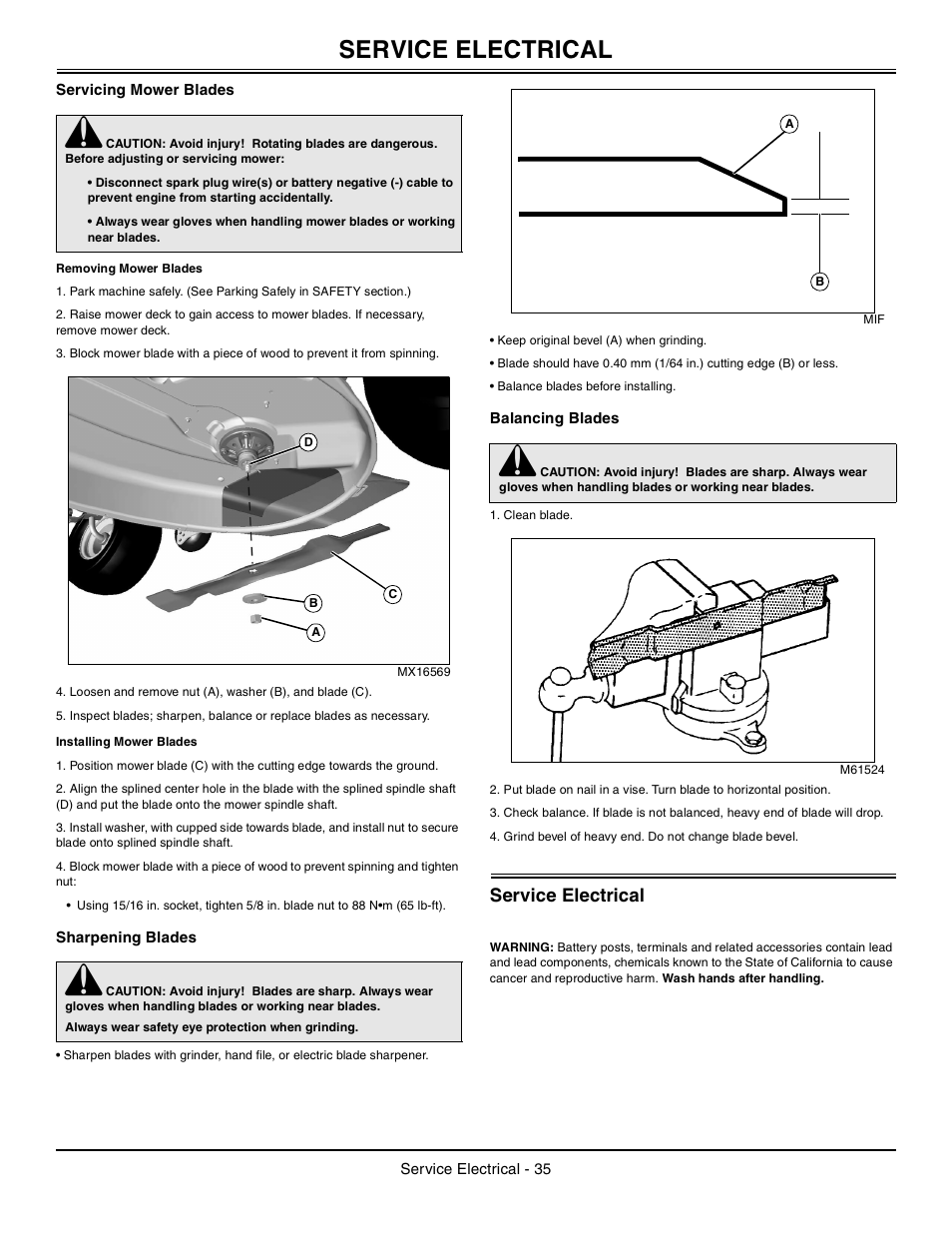 Servicing mower blades, Removing mower blades, Installing mower blades | Sharpening blades, Balancing blades, Service electrical | John Deere la105 User Manual | Page 36 / 52