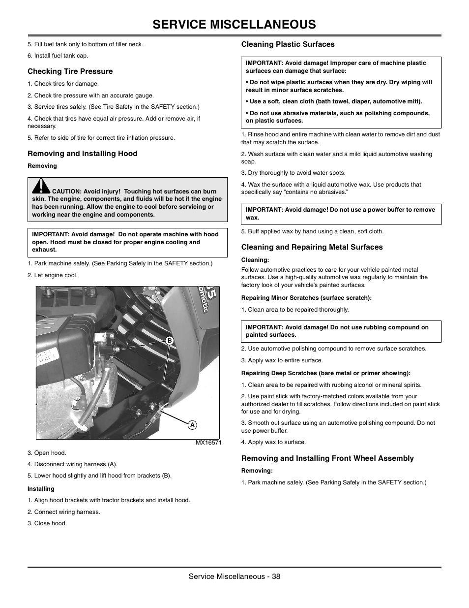 Checking tire pressure, Removing and installing hood, Removing | Installing, Cleaning plastic surfaces, Cleaning and repairing metal surfaces, Cleaning, Repairing minor scratches (surface scratch), Removing and installing front wheel assembly, Service miscellaneous | John Deere la105 User Manual | Page 39 / 52