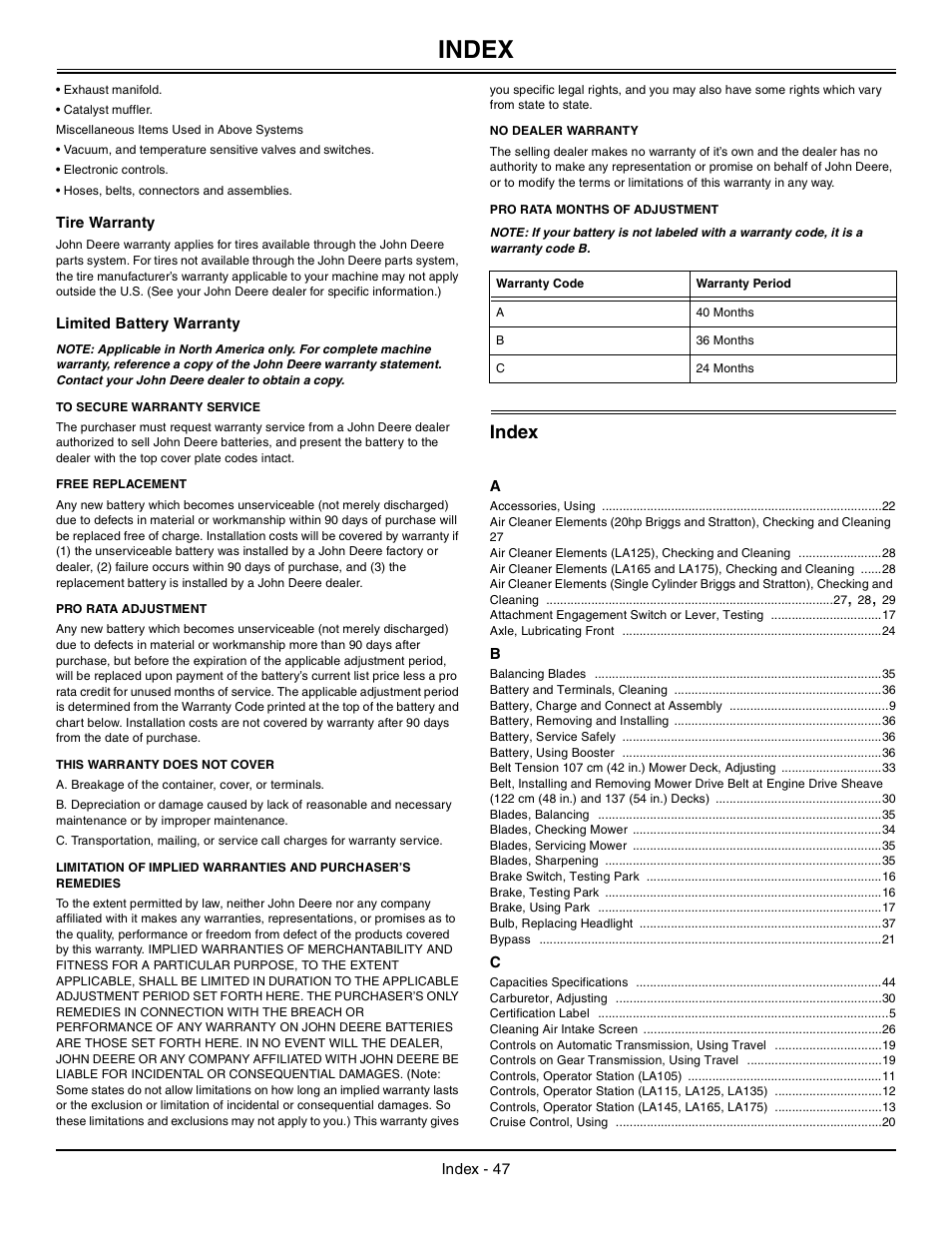 Tire warranty, Limited battery warranty, To secure warranty service | Free replacement, Pro rata adjustment, This warranty does not cover, No dealer warranty, Pro rata months of adjustment, Index | John Deere la105 User Manual | Page 48 / 52