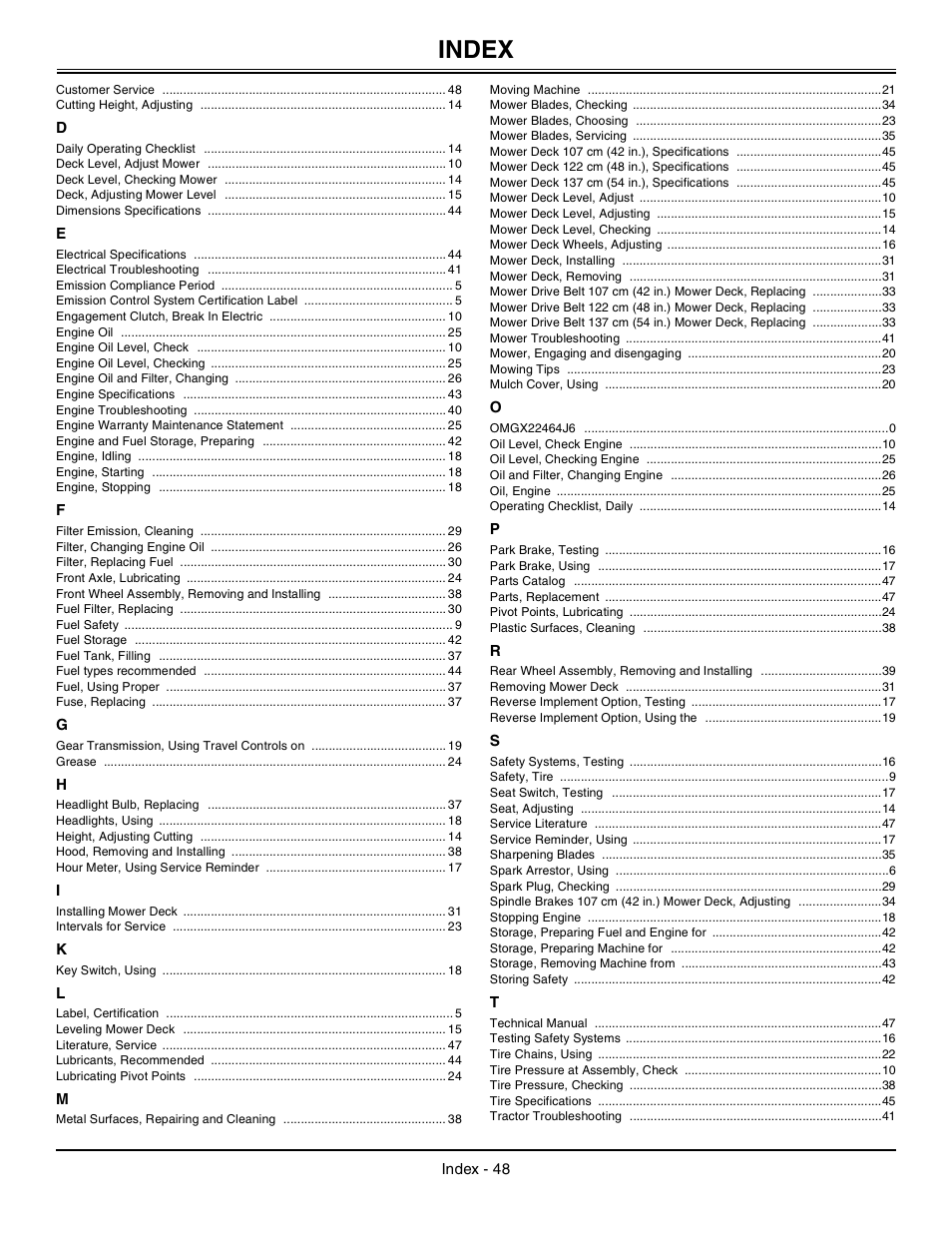 Index | John Deere la105 User Manual | Page 49 / 52