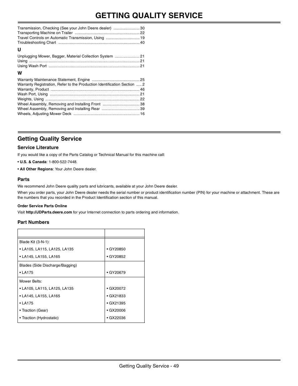 Getting quality service, Service literature, Parts | Order service parts online, Part numbers | John Deere la105 User Manual | Page 50 / 52