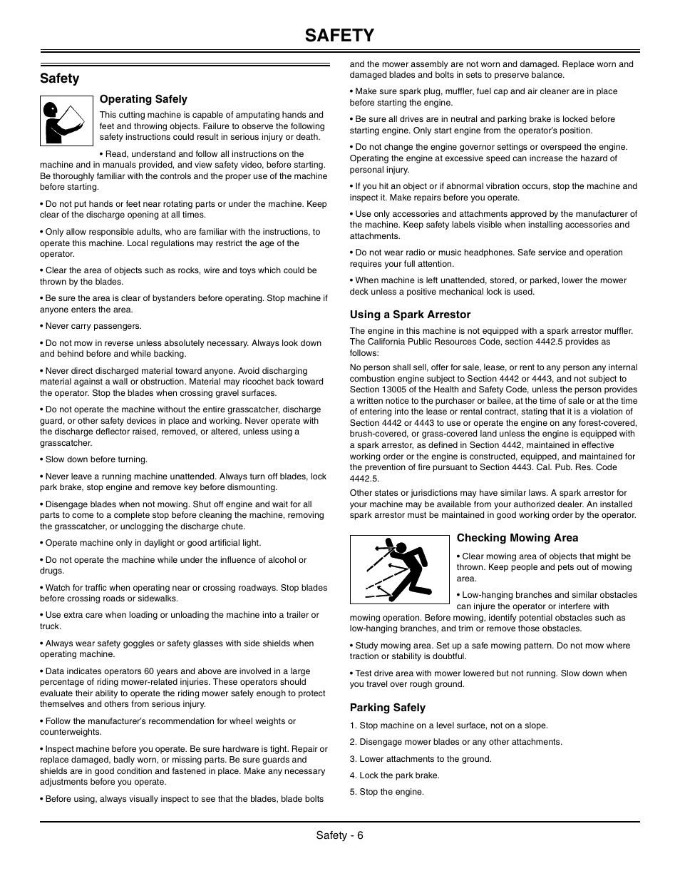 Safety, Operating safely, Using a spark arrestor | Checking mowing area, Parking safely | John Deere la105 User Manual | Page 7 / 52