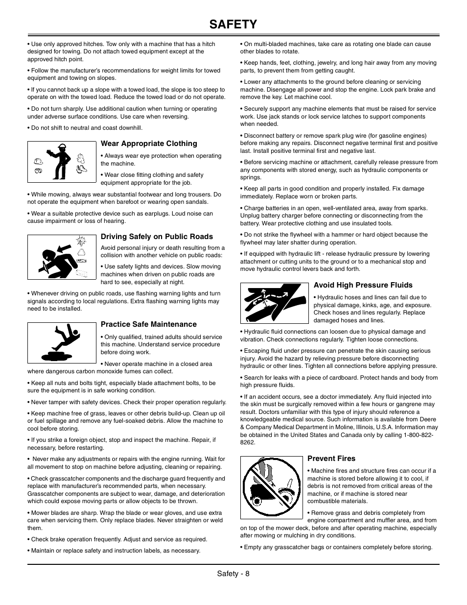 Wear appropriate clothing, Driving safely on public roads, Practice safe maintenance | Avoid high pressure fluids, Prevent fires, Safety | John Deere la105 User Manual | Page 9 / 52