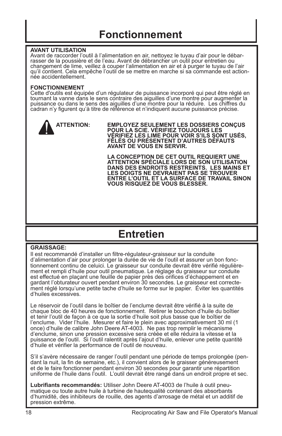 Fonctionnement entretien | John Deere AT-3402-J User Manual | Page 18 / 32