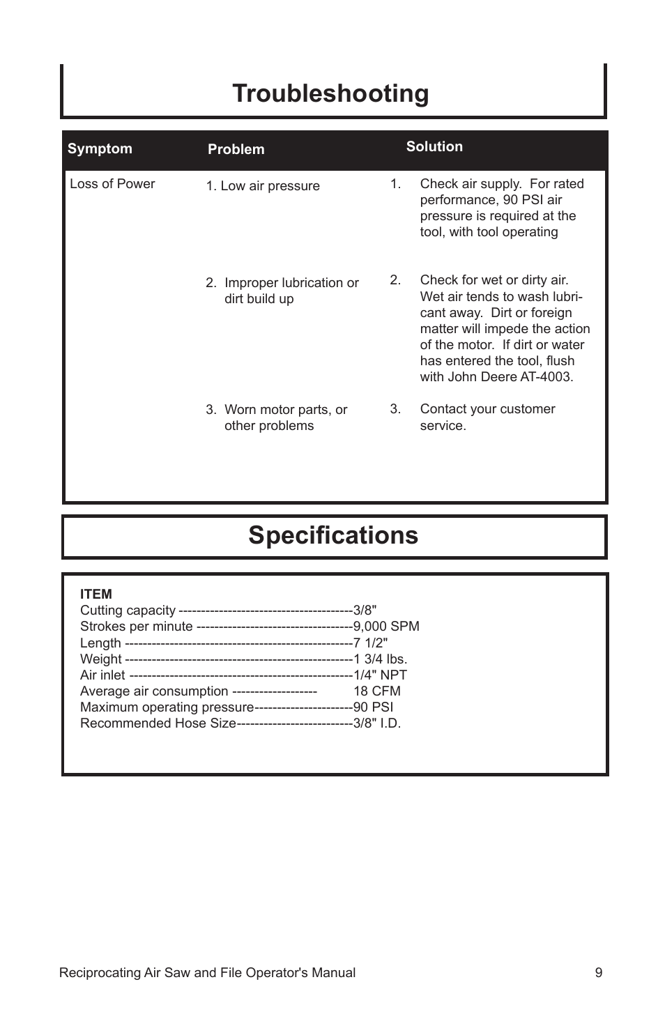 Troubleshooting speciﬁcations | John Deere AT-3402-J User Manual | Page 9 / 32