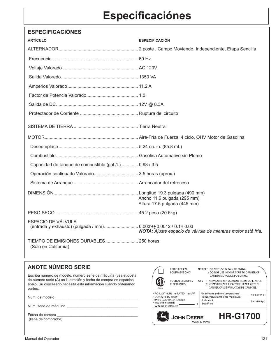 Especiﬁcaciónes | John Deere HR-G1700i User Manual | Page 121 / 124