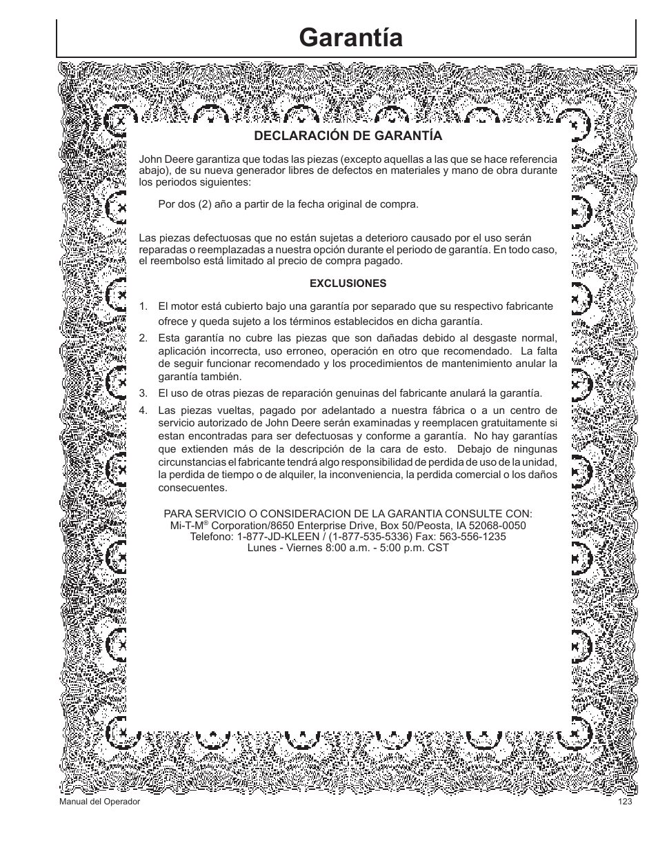 Garantía | John Deere HR-G1700i User Manual | Page 123 / 124