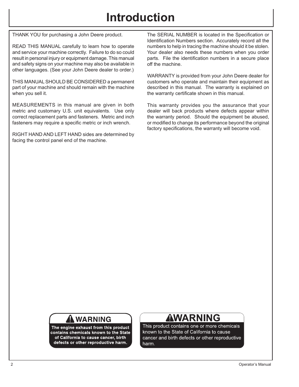 Introduction | John Deere HR-G1700i User Manual | Page 2 / 124