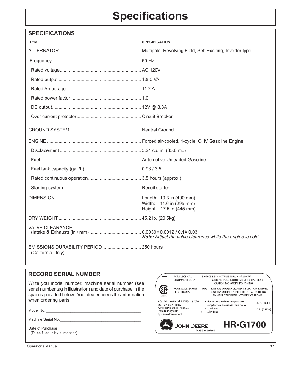 Speciﬁcations | John Deere HR-G1700i User Manual | Page 37 / 124