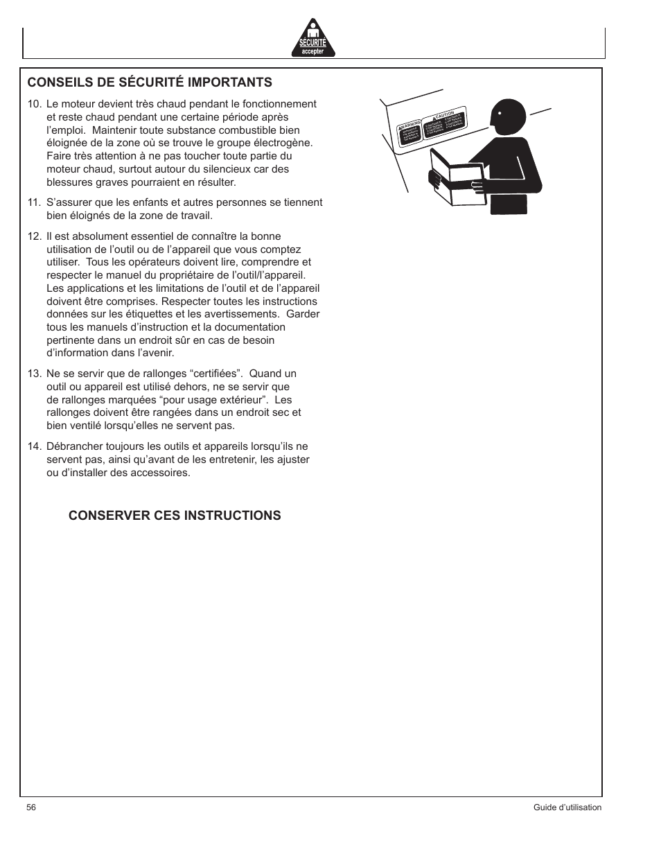 Conseils de sécurité importants, Conserver ces instructions, 56 guide d’utilisation | John Deere HR-G1700i User Manual | Page 56 / 124