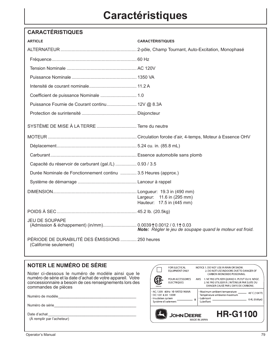 Caractéristiques | John Deere HR-G1700i User Manual | Page 79 / 124