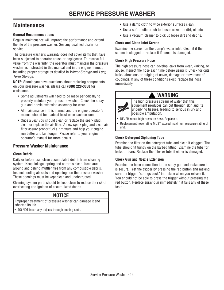 Pump oil maintenanc, Engine maintenanc, Pump oil maintenance engine maintenance | Service pressure washer maintenance, Warning, Notice | John Deere OMM156510 User Manual | Page 18 / 24