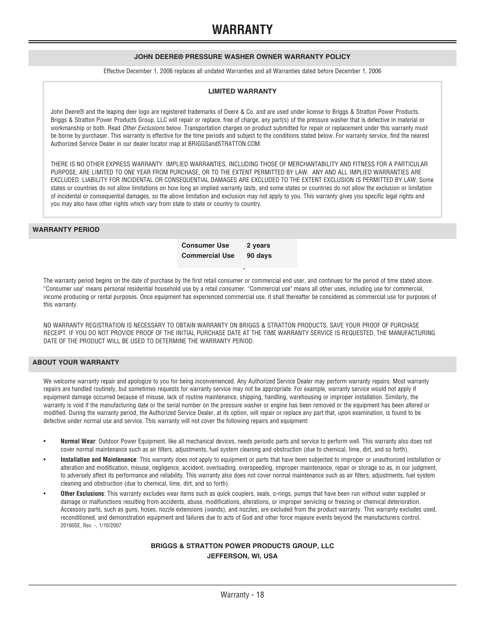 Specification, Specifications, Warranty | John Deere OMM156510 User Manual | Page 22 / 24