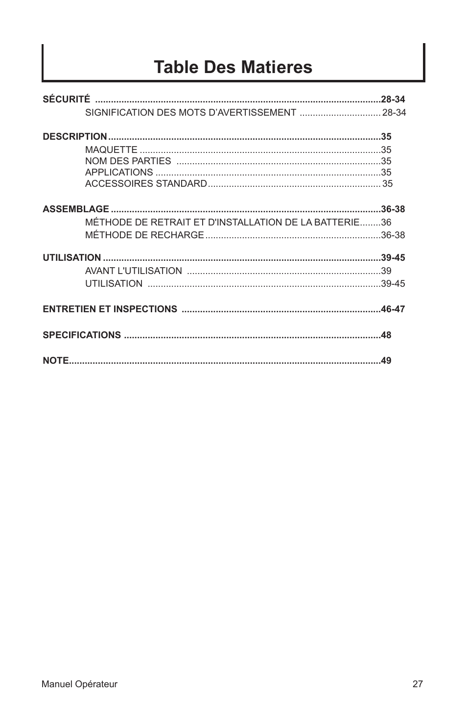Table des matieres | John Deere ET-3103-J User Manual | Page 27 / 76