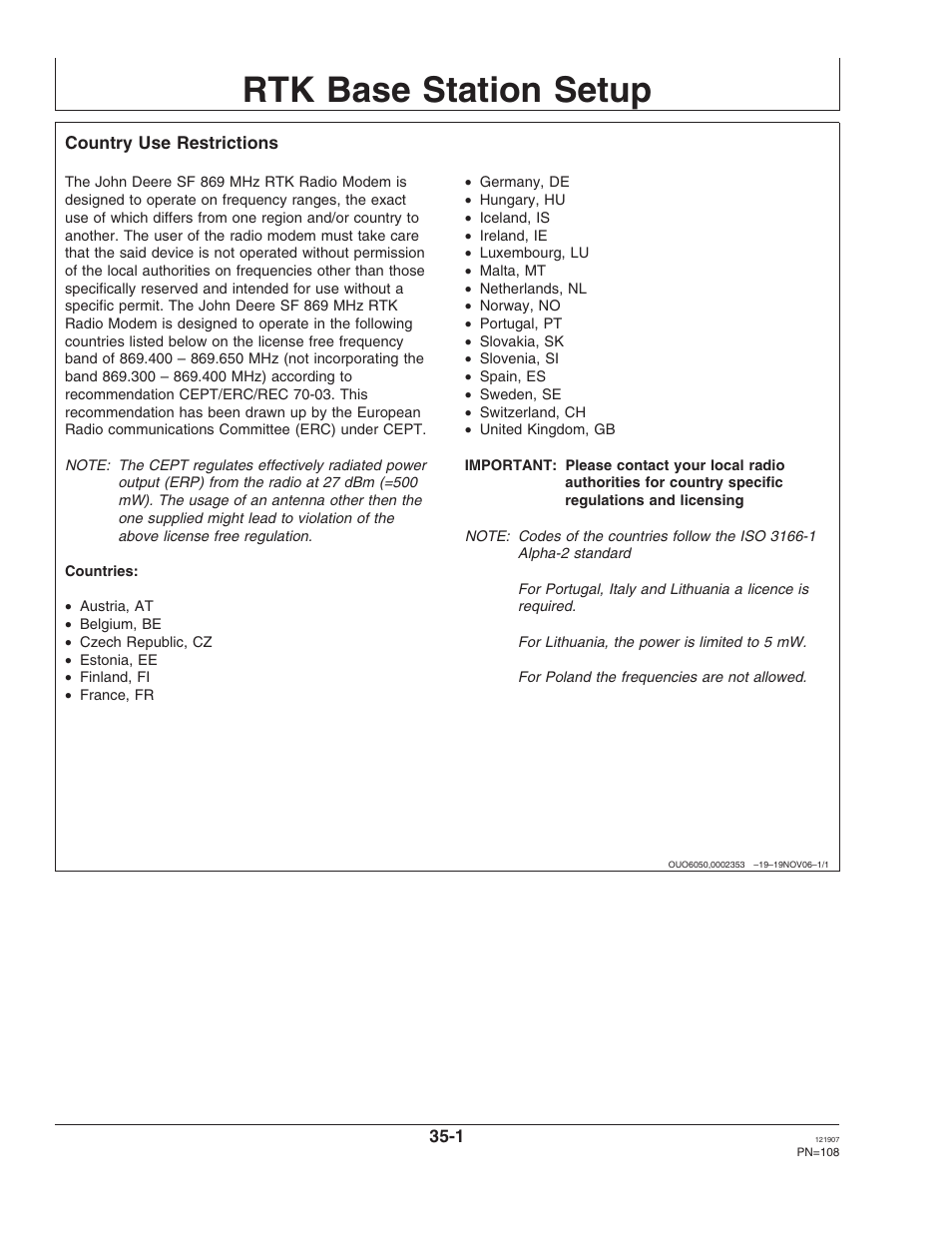 Rtk base station setup, Country use restrictions, Section 35 | John Deere OMPC20964 User Manual | Page 108 / 158