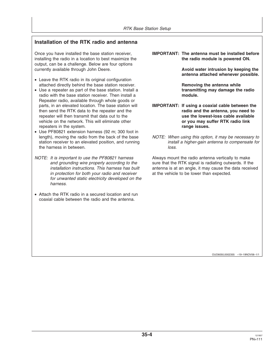 Installation of the rtk radio and antenna | John Deere OMPC20964 User Manual | Page 111 / 158