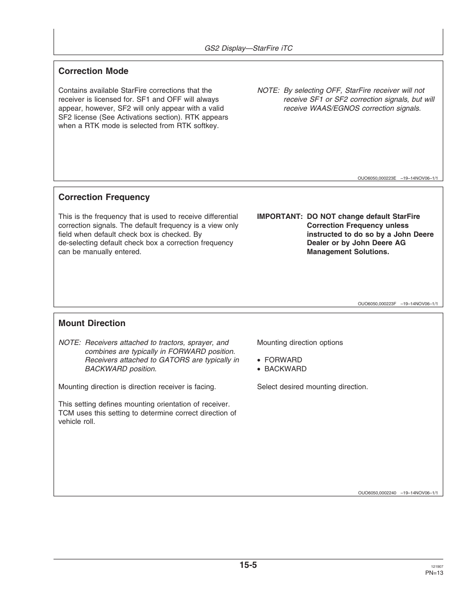 Correction mode, Correction frequency, Mount direction | John Deere OMPC20964 User Manual | Page 13 / 158