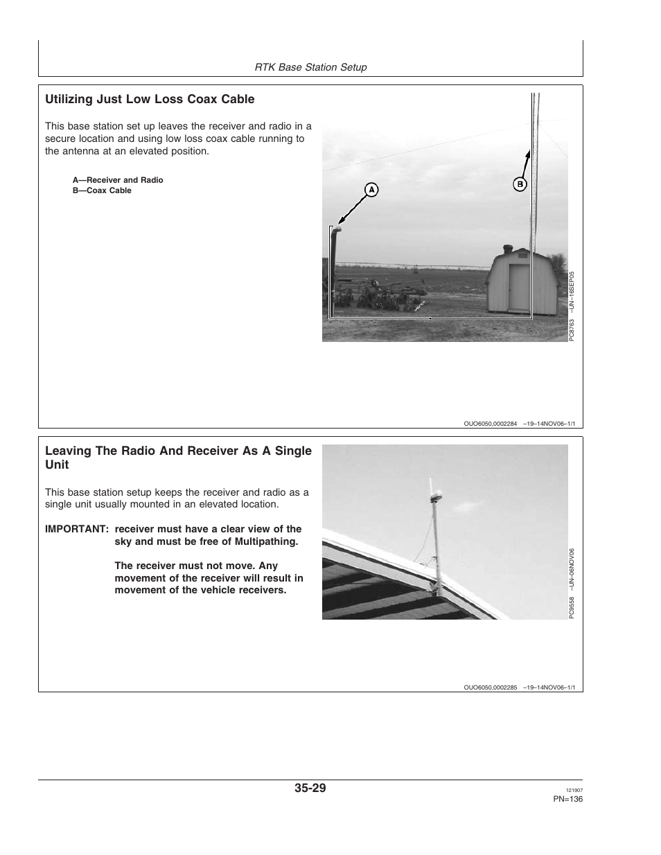 Utilizing just low loss coax cable, Leaving the radio and receiver as a single unit | John Deere OMPC20964 User Manual | Page 136 / 158