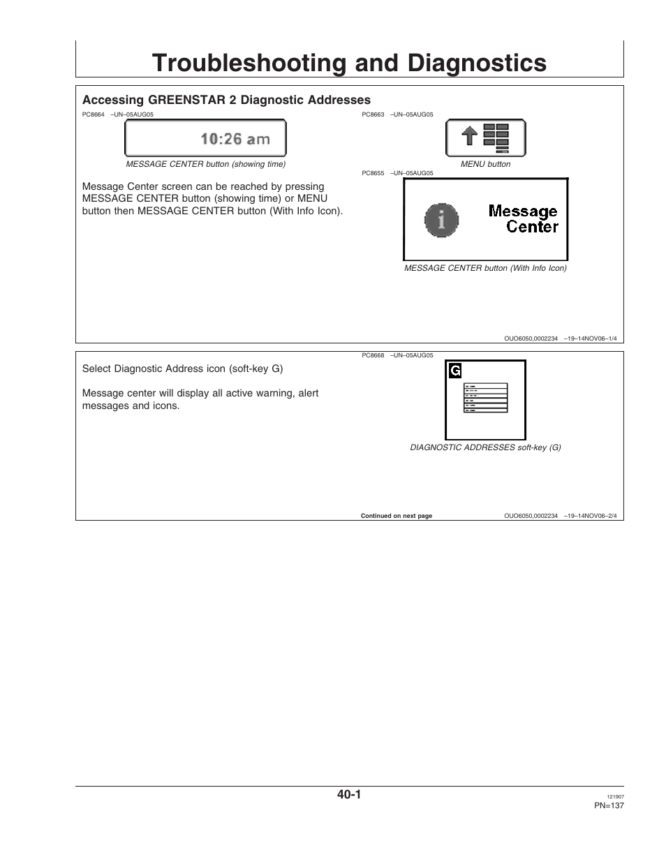 Troubleshooting and diagnostics, Accessing greenstar 2 diagnostic addresses, Section 40 | John Deere OMPC20964 User Manual | Page 137 / 158