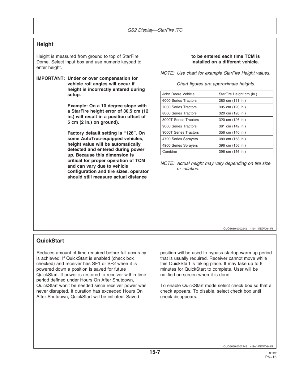 Height, Quickstart | John Deere OMPC20964 User Manual | Page 15 / 158