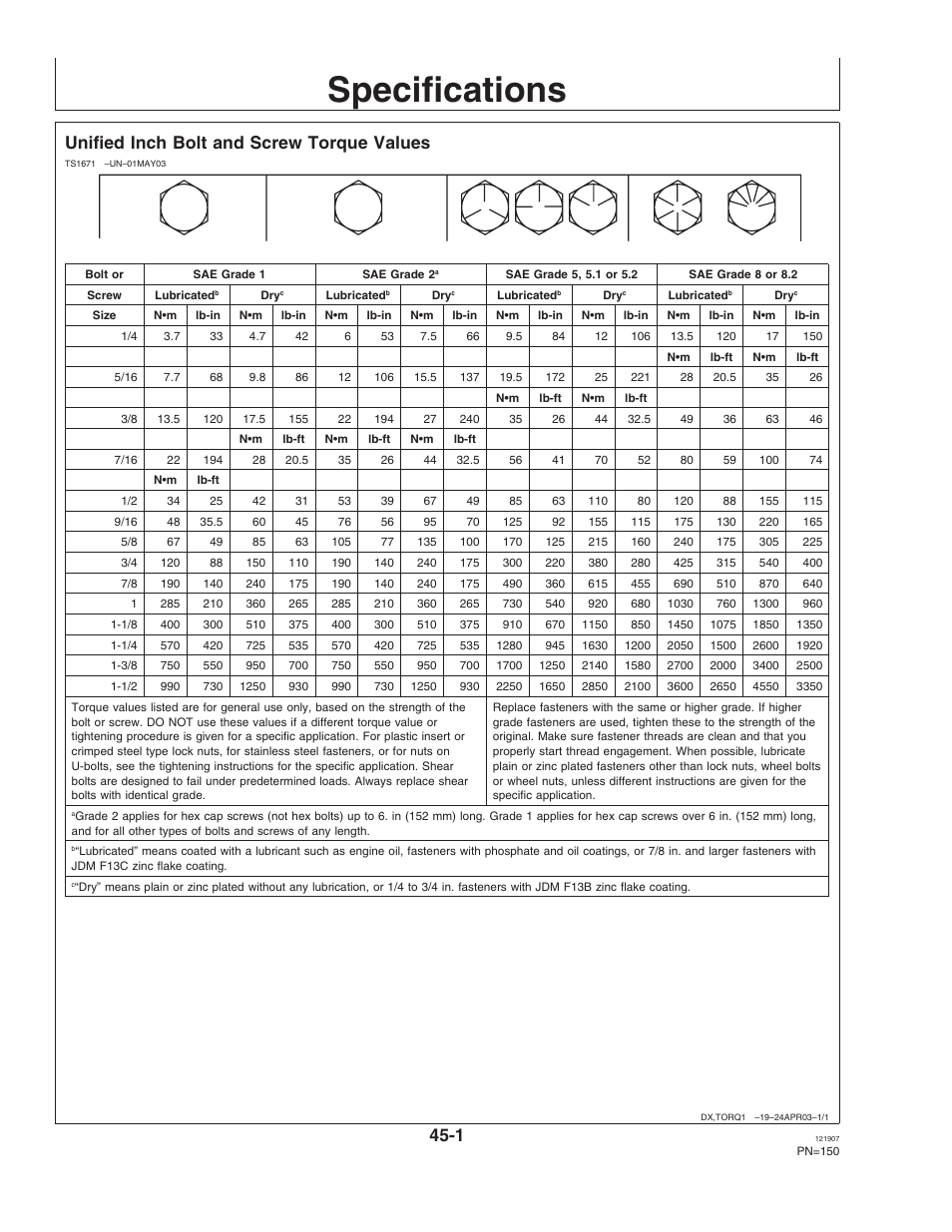 Specifications, Unified inch bolt and screw torque values, Section 45 | John Deere OMPC20964 User Manual | Page 150 / 158