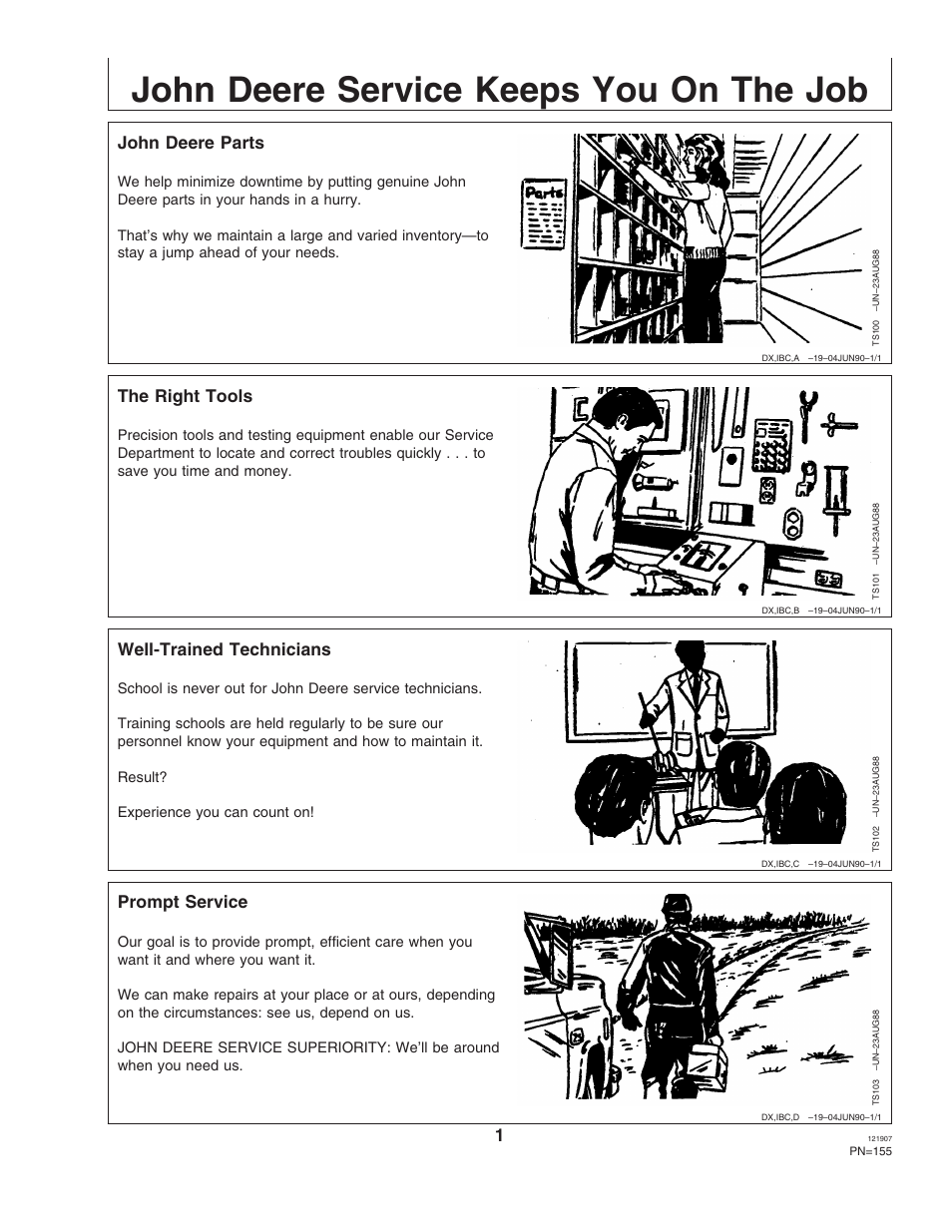 John deere service keeps you on the job, John deere parts, The right tools | Well-trained technicians, Prompt service, Section | John Deere OMPC20964 User Manual | Page 157 / 158