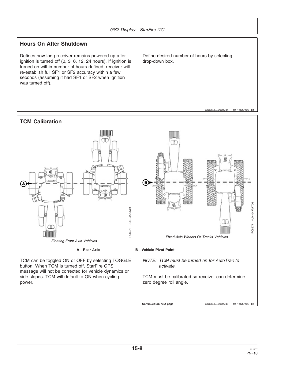 Hours on after shutdown, Tcm calibration | John Deere OMPC20964 User Manual | Page 16 / 158