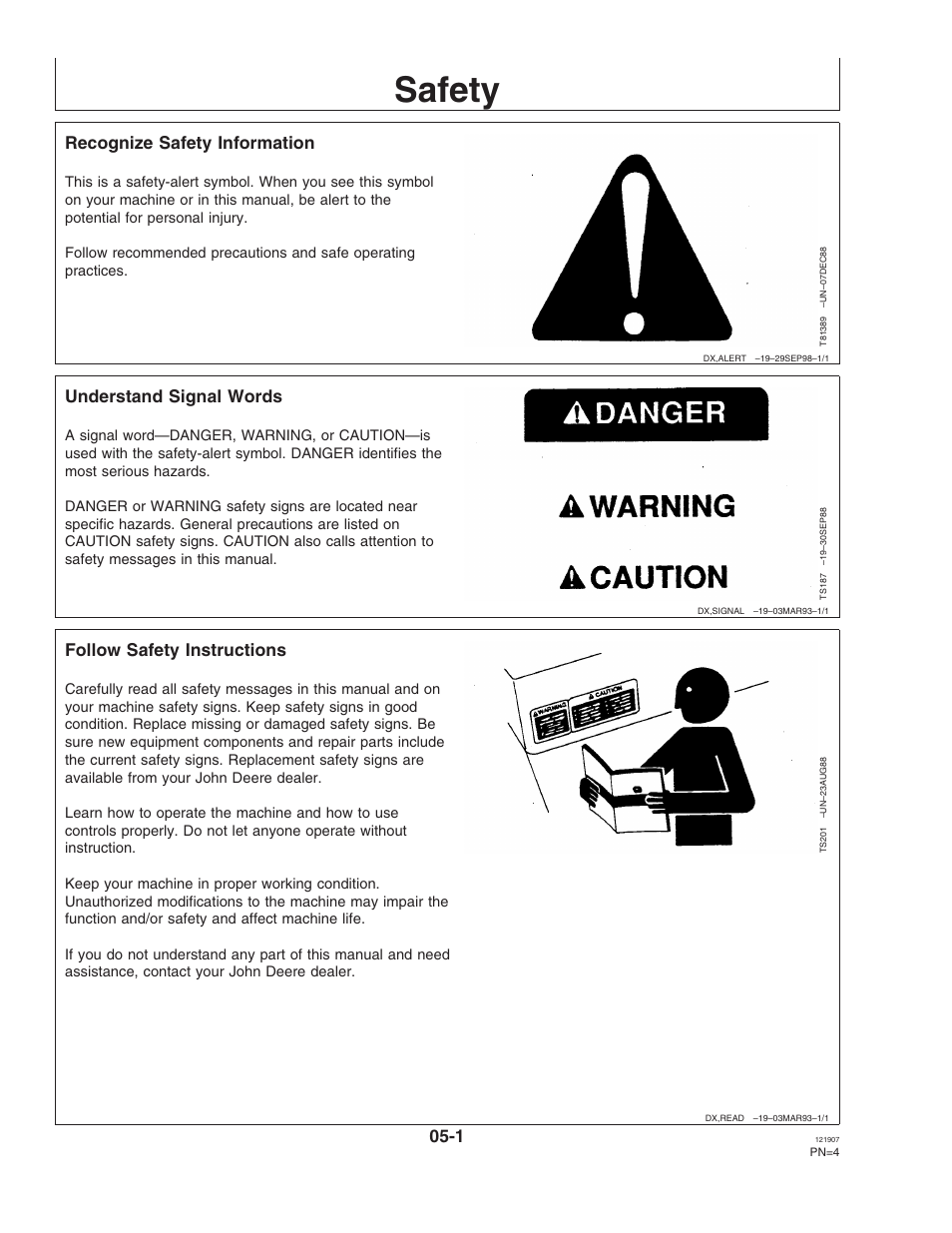 Safety, Recognize safety information, Understand signal words | Follow safety instructions, Section 05 | John Deere OMPC20964 User Manual | Page 4 / 158