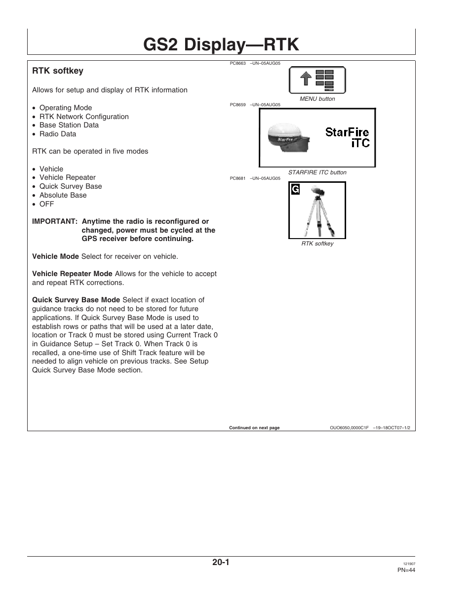 Gs2 display—rtk, Rtk softkey, Section 20 | John Deere OMPC20964 User Manual | Page 44 / 158