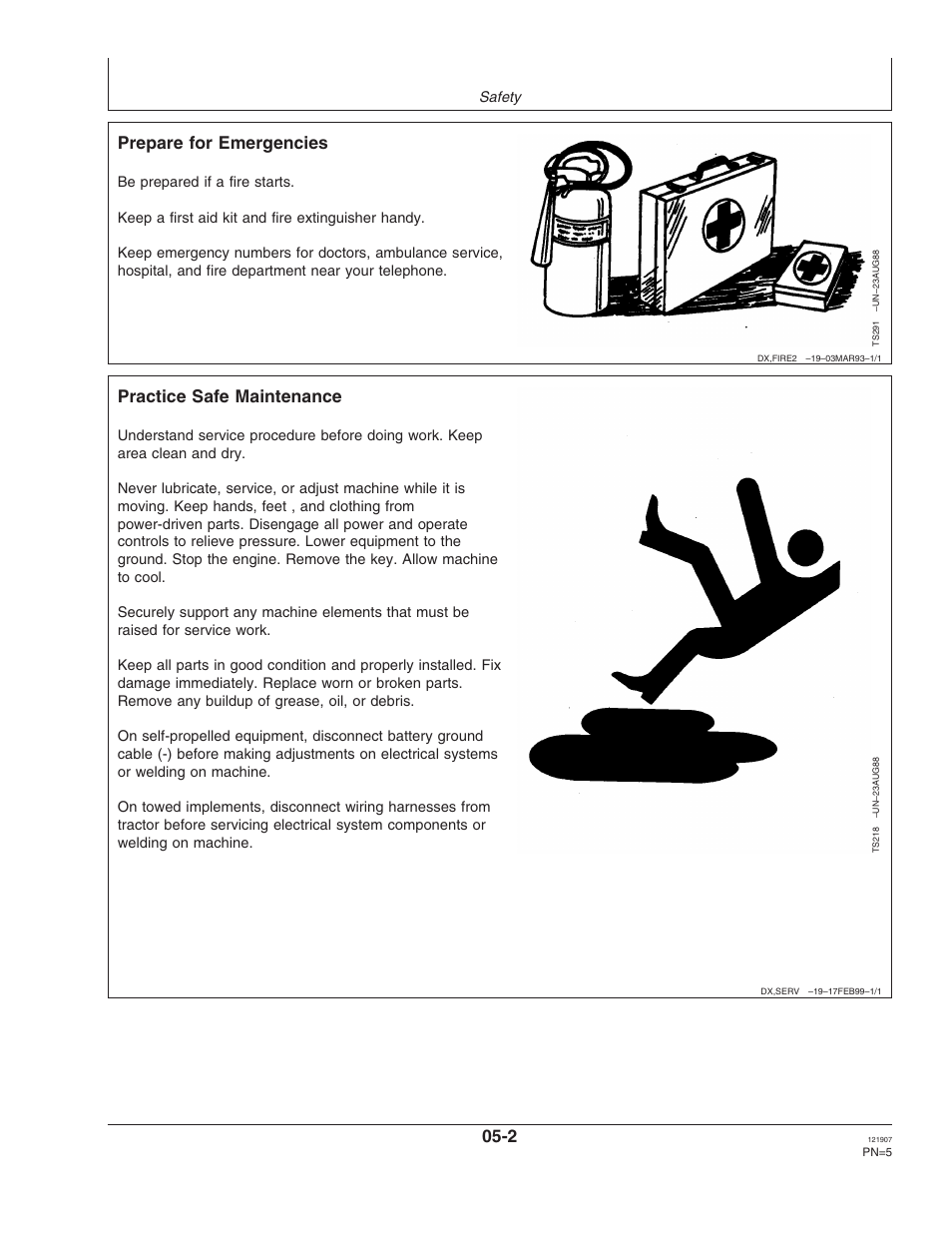 Prepare for emergencies, Practice safe maintenance | John Deere OMPC20964 User Manual | Page 5 / 158