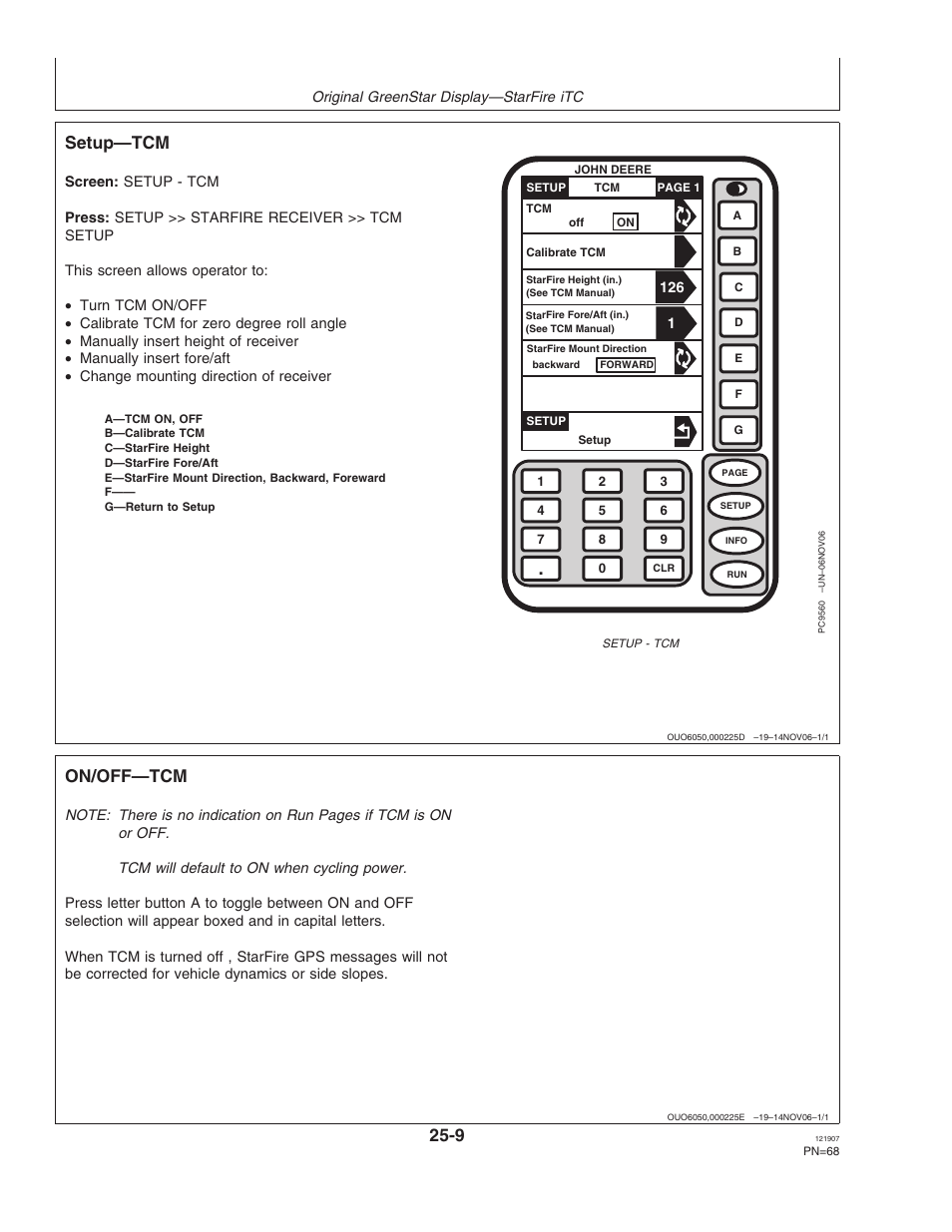 Setup, On/off, Setup—tcm | On/off—tcm | John Deere OMPC20964 User Manual | Page 68 / 158