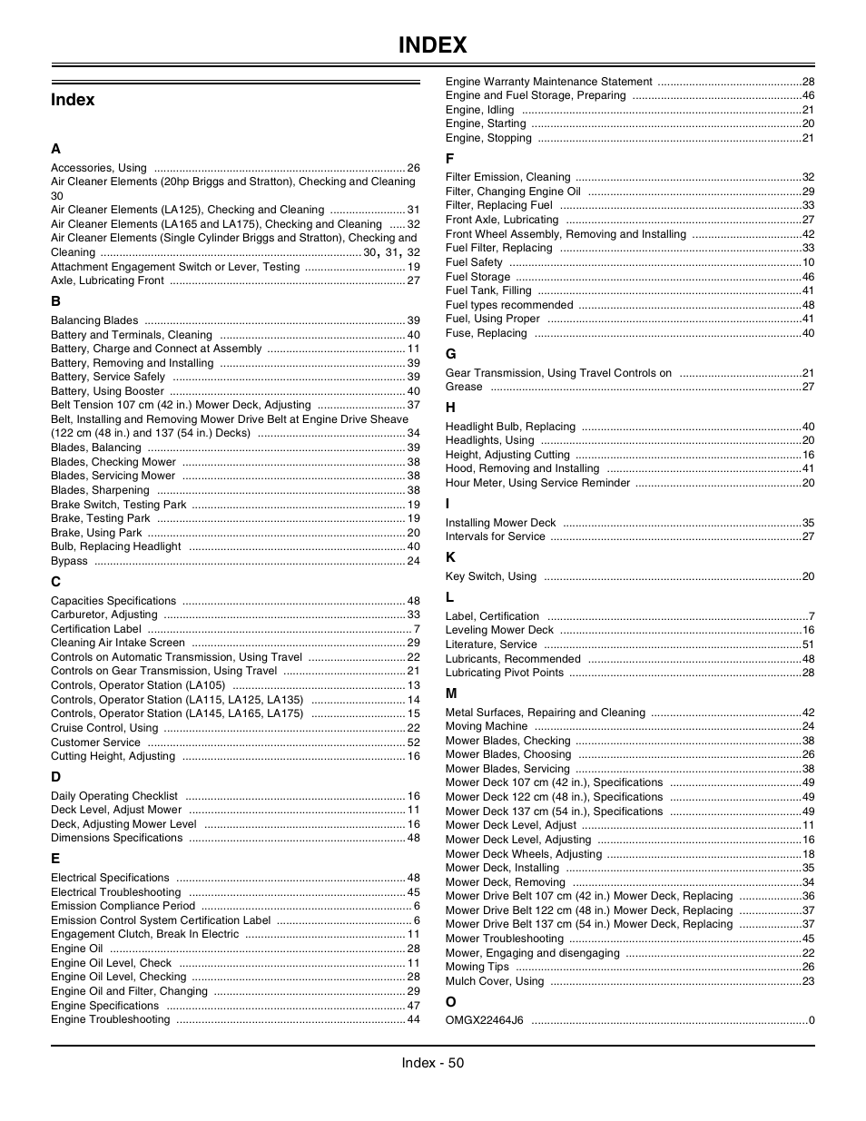Index | John Deere Tractor 100 Series OMG X23532 J0 User Manual | Page 51 / 56