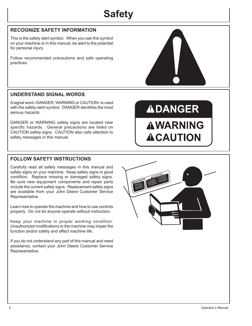 Safety, Recognize safety information, Understand signal words | Follow safety instructions, 4operator’s manual | John Deere AC-G3010H User Manual | Page 4 / 98