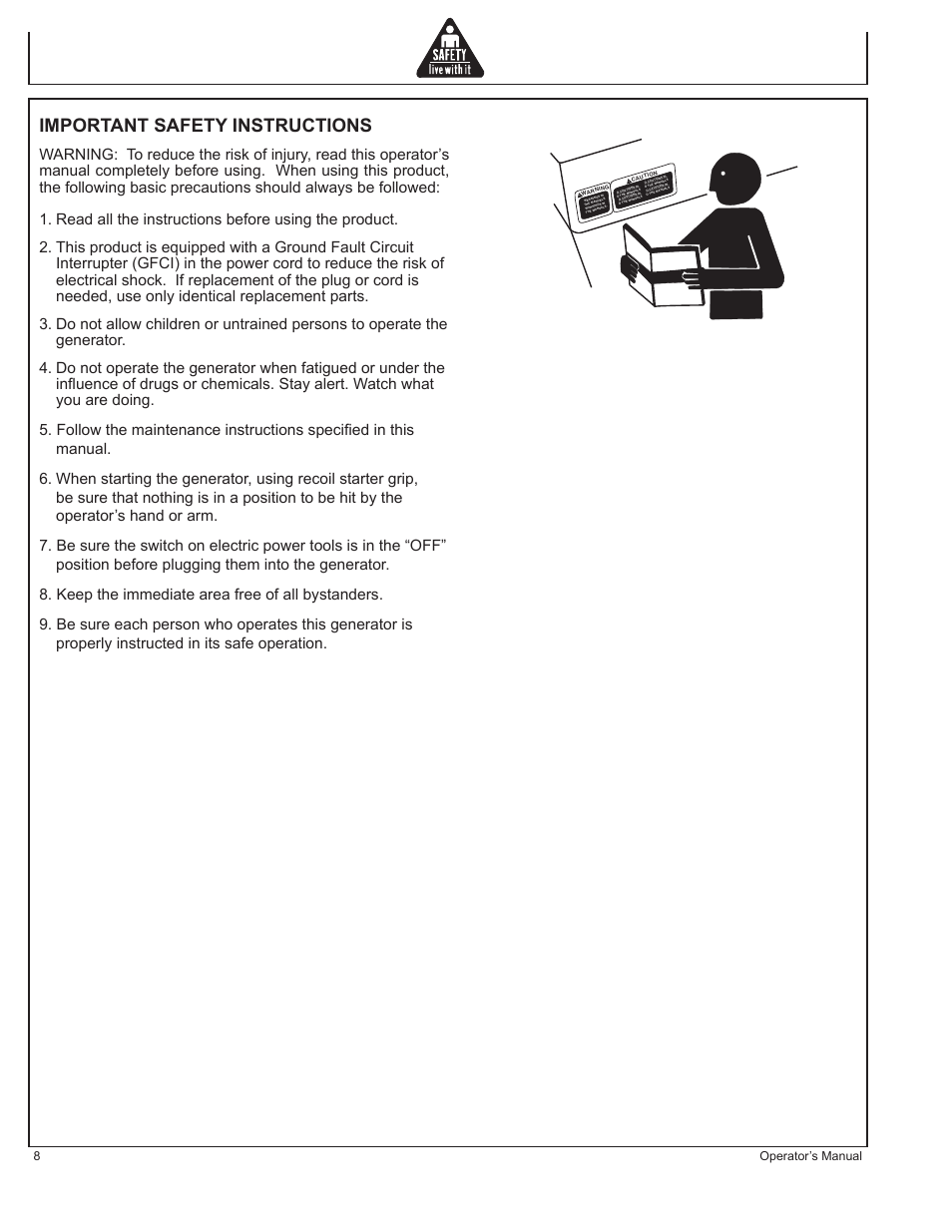 Important safety instructions, 8operator’s manual | John Deere AC-G3010H User Manual | Page 8 / 98