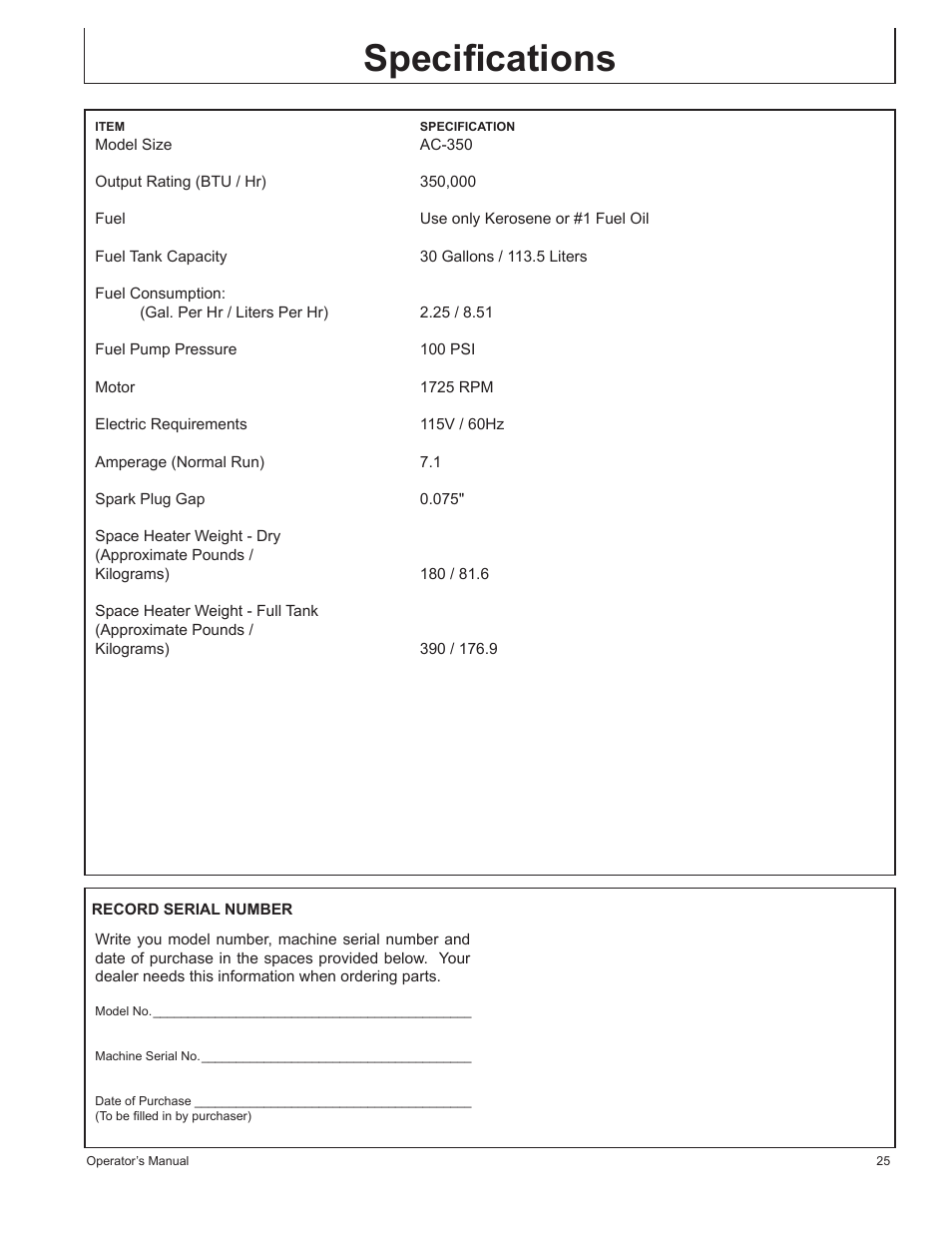 Specifications | John Deere AC-350 User Manual | Page 25 / 84