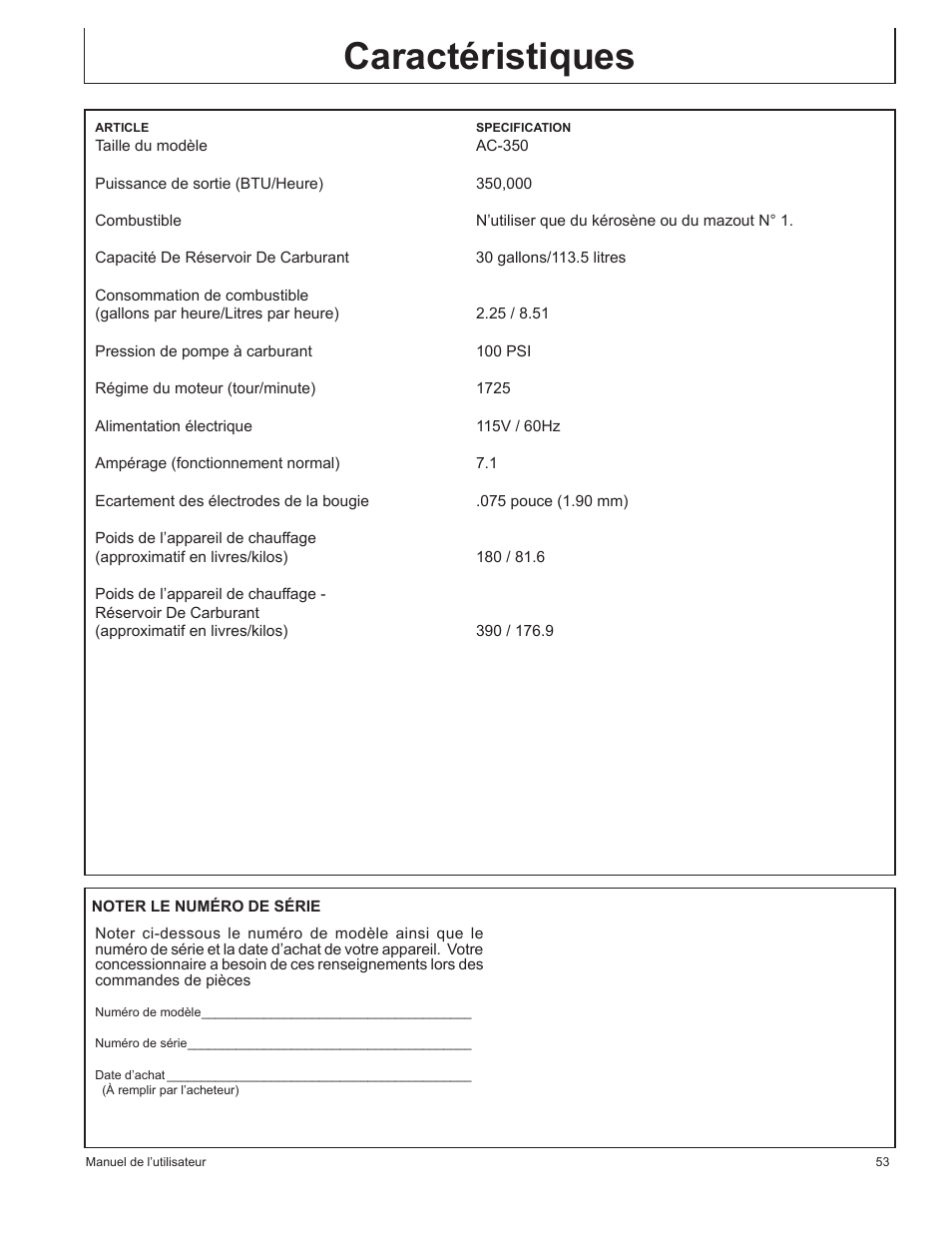 Caractéristiques | John Deere AC-350 User Manual | Page 53 / 84