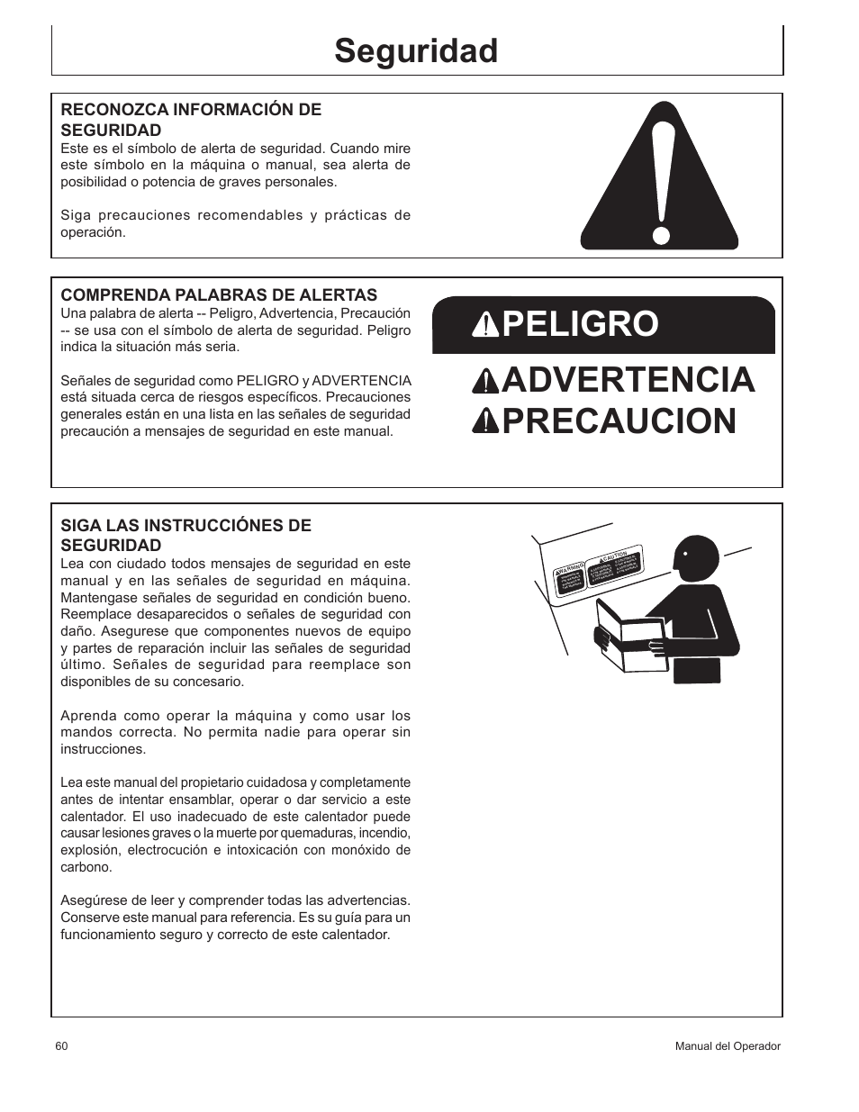 Peligro advertencia precaucion, Seguridad, Reconozca información de seguridad | Comprenda palabras de alertas, Siga las instrucciónes de seguridad | John Deere AC-350 User Manual | Page 60 / 84