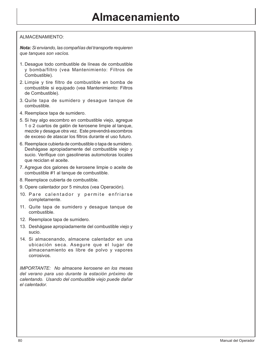 Almacenamiento | John Deere AC-350 User Manual | Page 80 / 84