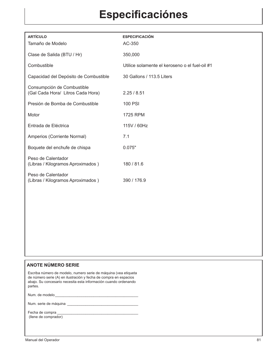 Especificaciónes | John Deere AC-350 User Manual | Page 81 / 84