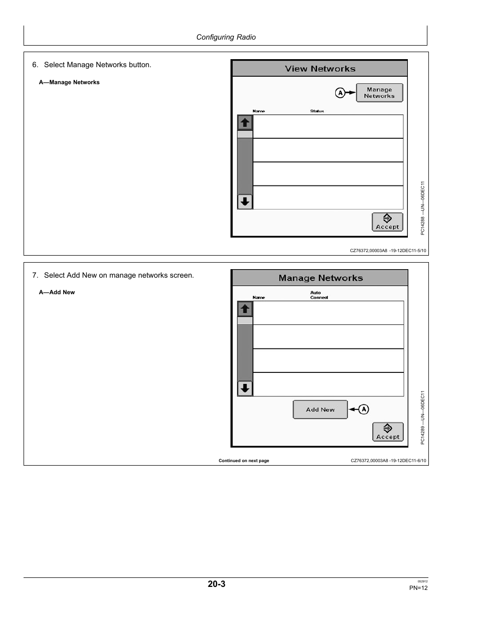 Configuring radio, Select manage networks button, Select add new on manage networks screen | John Deere OMPFP12436 User Manual | Page 12 / 36