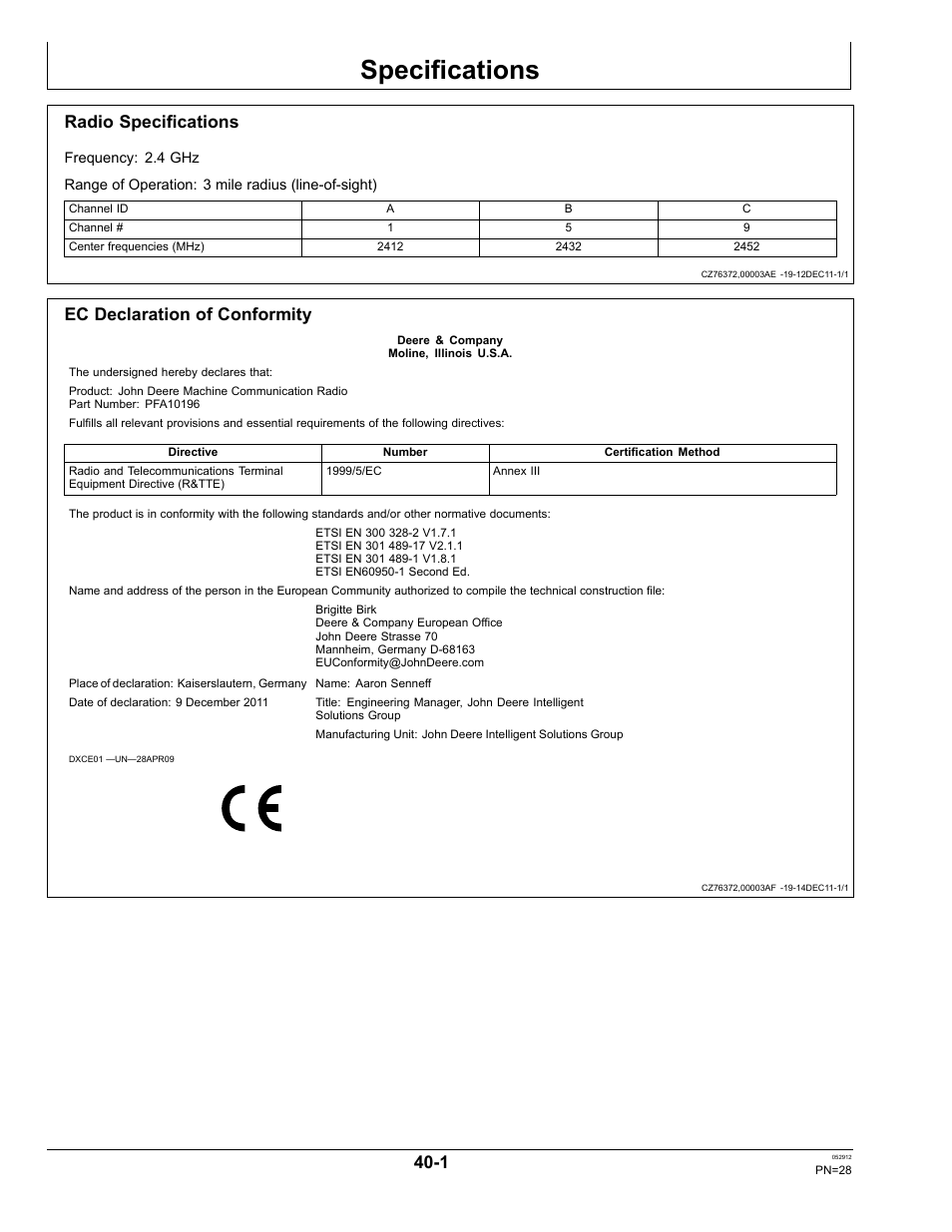 Specifications, Radio specifications, Ec declaration of conformity | Section 40 | John Deere OMPFP12436 User Manual | Page 28 / 36